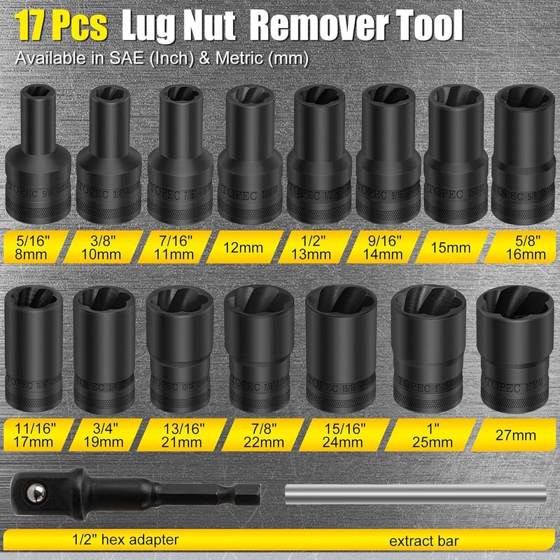Topec 17Pcs Lug Nut Extractor Set, 1/2" Drive Locking Lug Nut Removal Tool, 8-27mm Wheel Lock Removal Kit, Deep Bolt Extractor Socket Set for Stripped, Broken, Rounded Bolts - Image 3